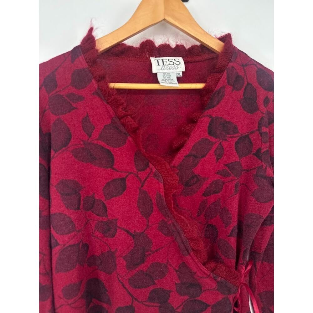 Tess Dress Floral Wrap Sweater Y2K Size XL Silk Wool Blend Ruffle Red Romantic - Picture 2 of 7
